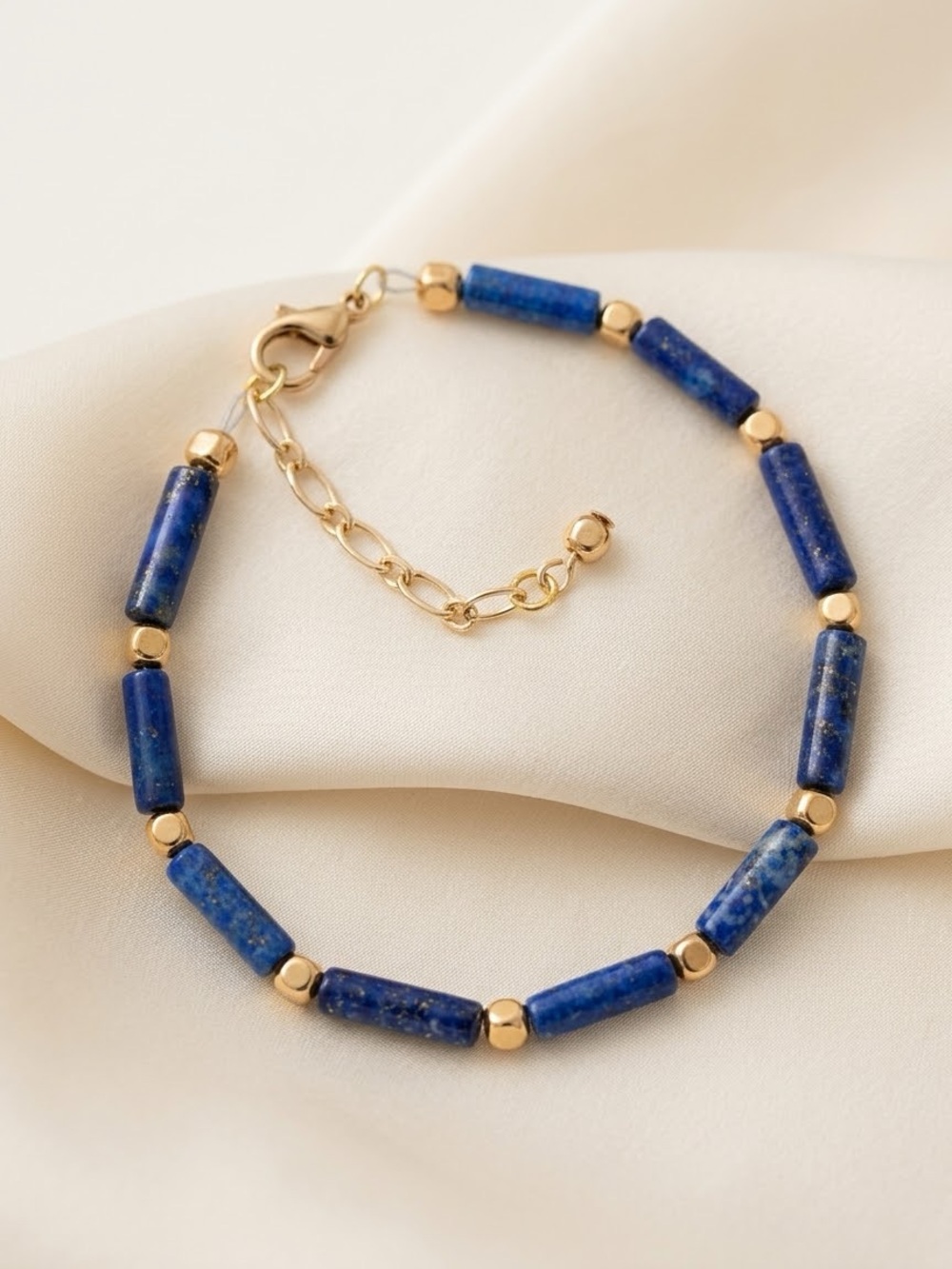 Hand Crafted Lapis Lazuli Tube & Gold Spacer Bead Adjustable Bracelet 7” NWT
